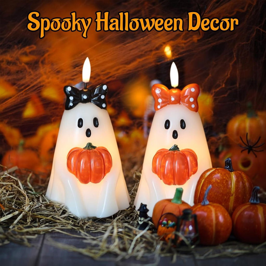 Halloween Ghost Flameless Candles with 6H Timer Hand-Painted Bows