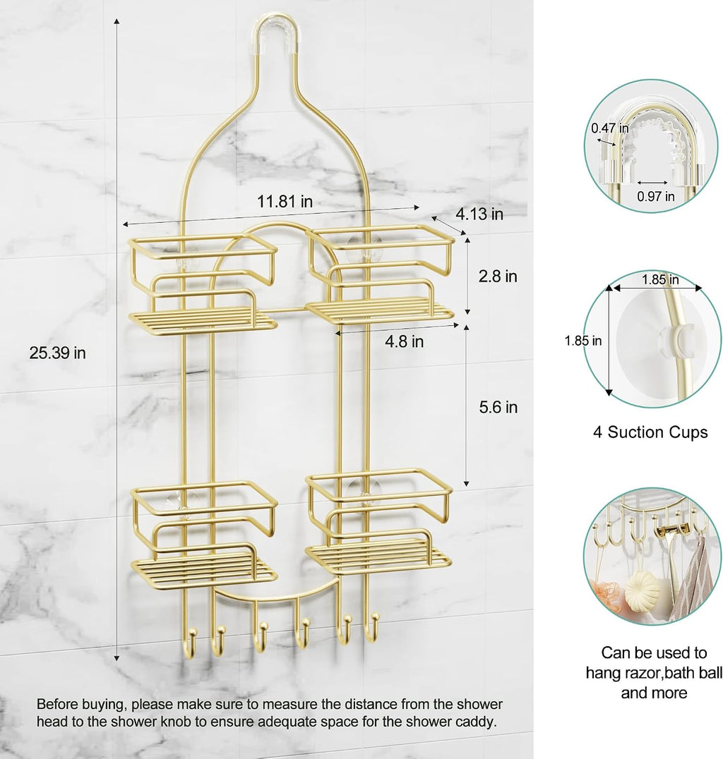 SRIWATANA Shower Caddy Hanging, Shower Organizer with Razor Hooks, Gold