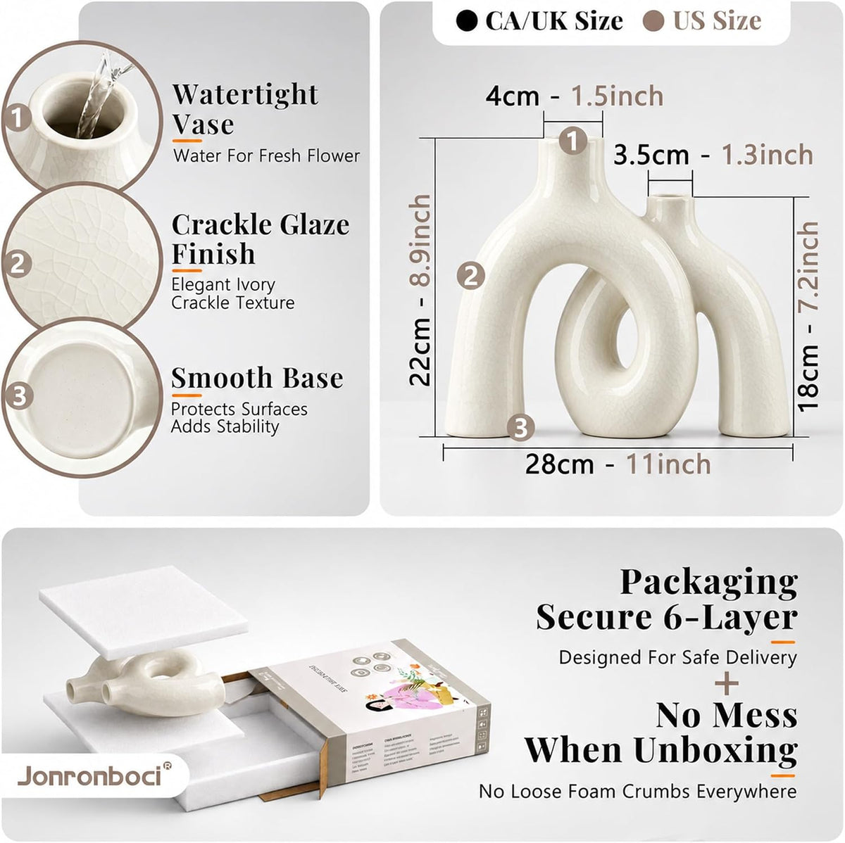 Hug Donut Decorative Ceramic Vase Set (Ivory Crackle Glaze)