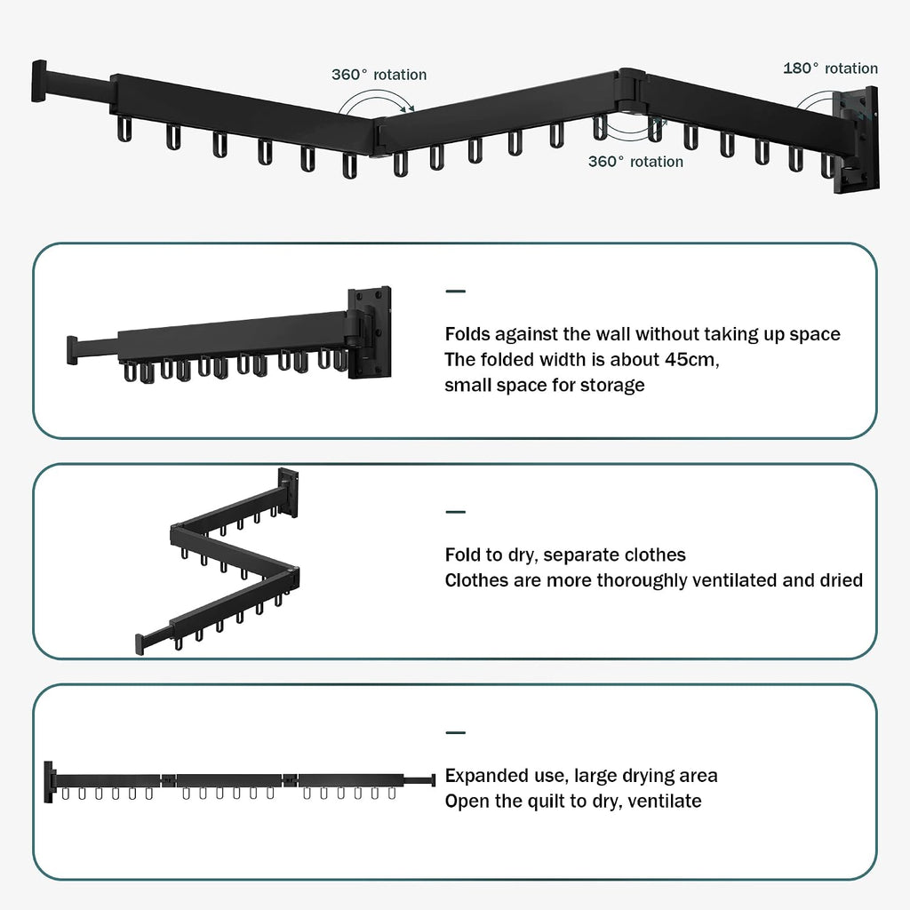 LIENAHU Clothes Drying Rack,Laundry Drying Rack,Clothes Rack Wall Mount,Wall Mounted Clothes Hanger Rack,Laundry Rack Folding,Retractable Clothing Rack,Collapsible Clothes Hanging Rack(Loop,Black)