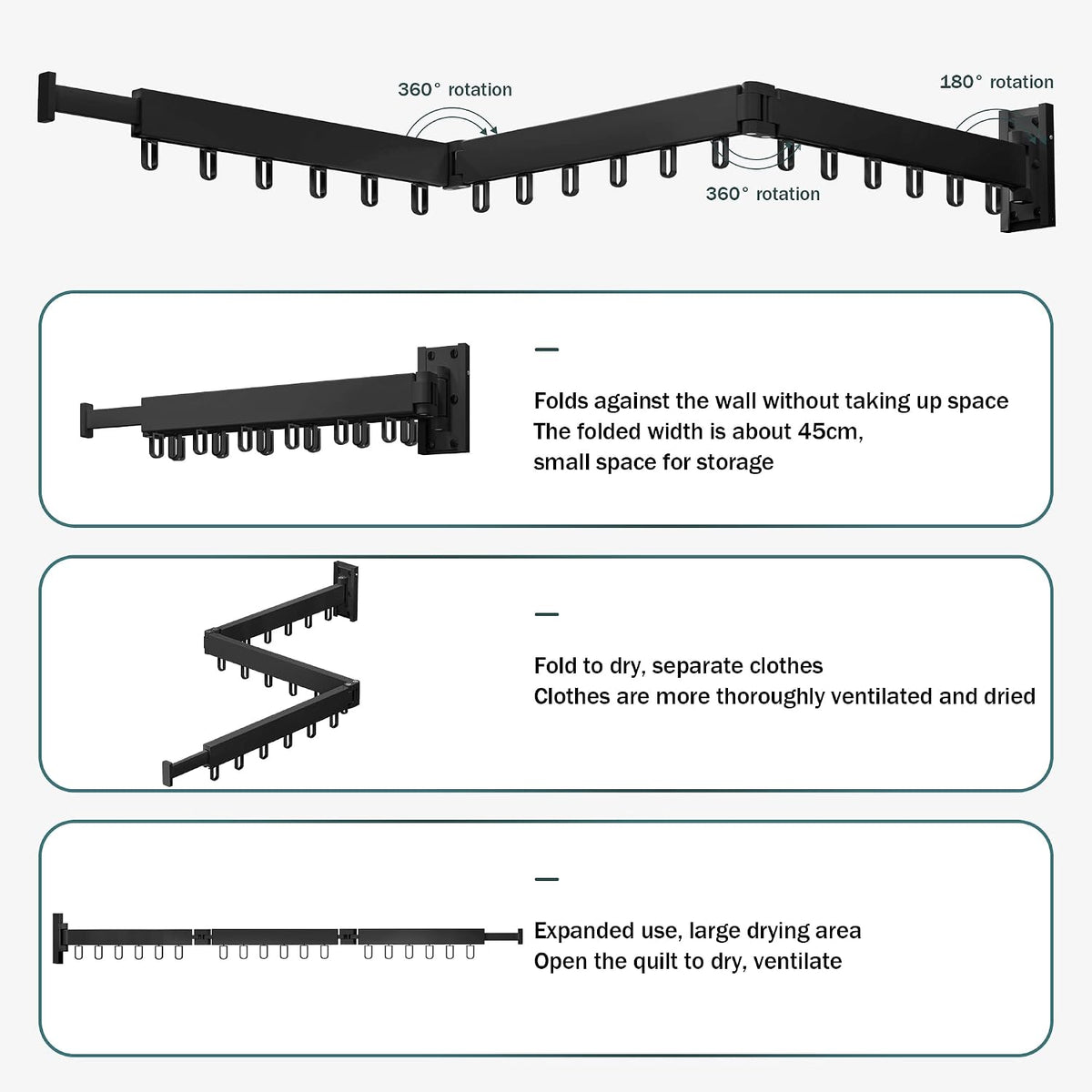 LIENAHU Clothes Drying Rack,Laundry Drying Rack,Clothes Rack Wall Mount,Wall Mounted Clothes Hanger Rack,Laundry Rack Folding,Retractable Clothing Rack,Collapsible Clothes Hanging Rack(Loop,Black)