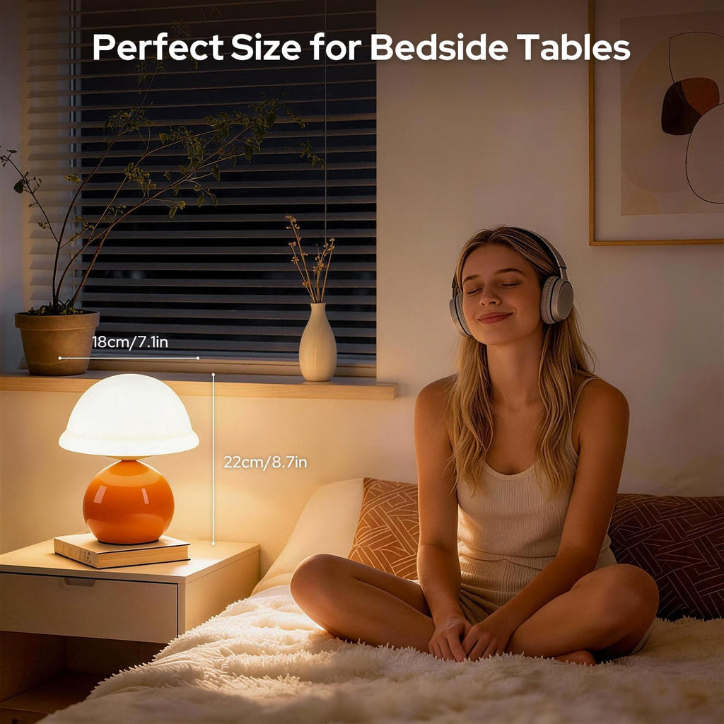 Glass Mushroom Lamp, Dimmable Bedside Table Lamp (Orange)