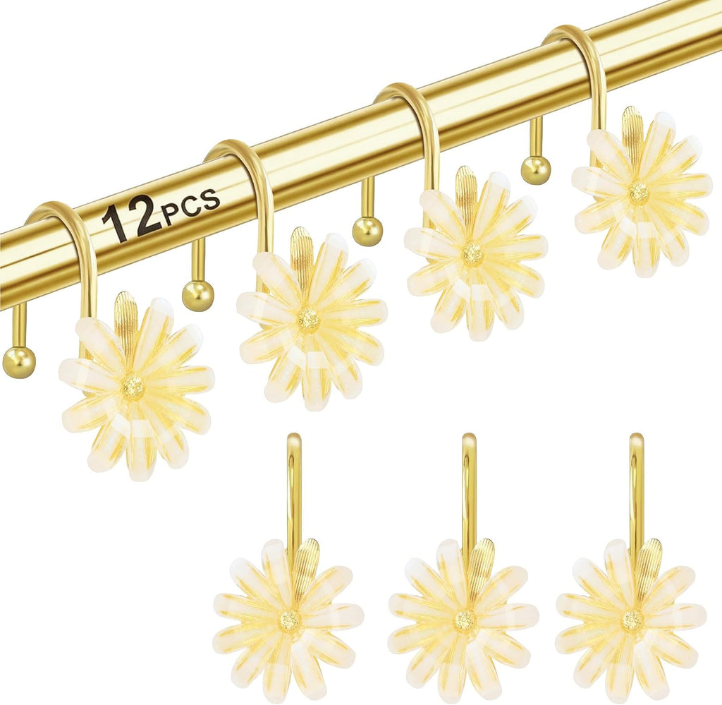 Shower Curtain Hooks, Rust Resistant Cute Daisy Metal Decorative Shower Rings Hangers Set of 12 for Bathroom Curtains,Clothing, Towels (Gold White)