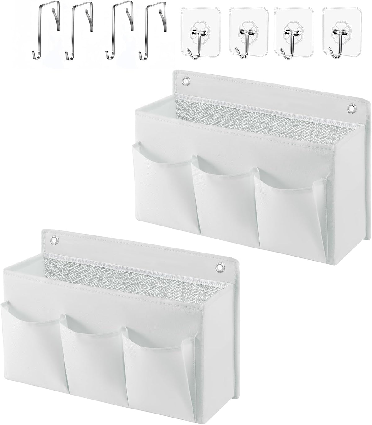 2-Pack Hanging Storage Baskets - Wall Organizer with 3 Pockets for Home/Dorm/Closet/Door, Multi-Purpose Space Saver for Office/Bathroom/Nursery - Foldable Fabric Organizer (White)
