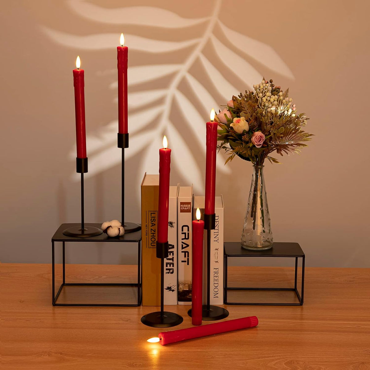 JOIONE Red Flameless Taper Candles with Remote, 6 Pack Dripping Wax