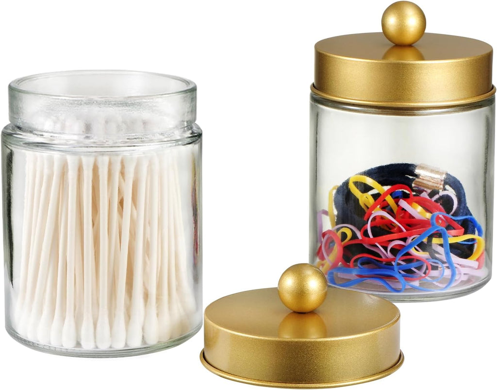 SheeChung 4 Pack Glass Qtip Holder with Gold Stainless Steel Lids
