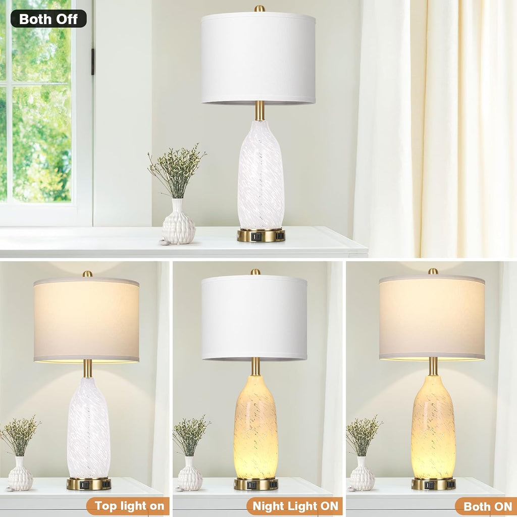 Rinweey 26" Modern Clear Glass Table Lamp Nightstand Lamp with USB A+C Ports & AC Outlet,Bedside Lamps with 3-Way Dimmable Touch Control Night Light for Bedroom Living Room,Single White