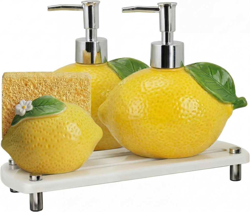 4 Pcs Lemon Kitchen Decor Ceramic Soap Dispenser Set