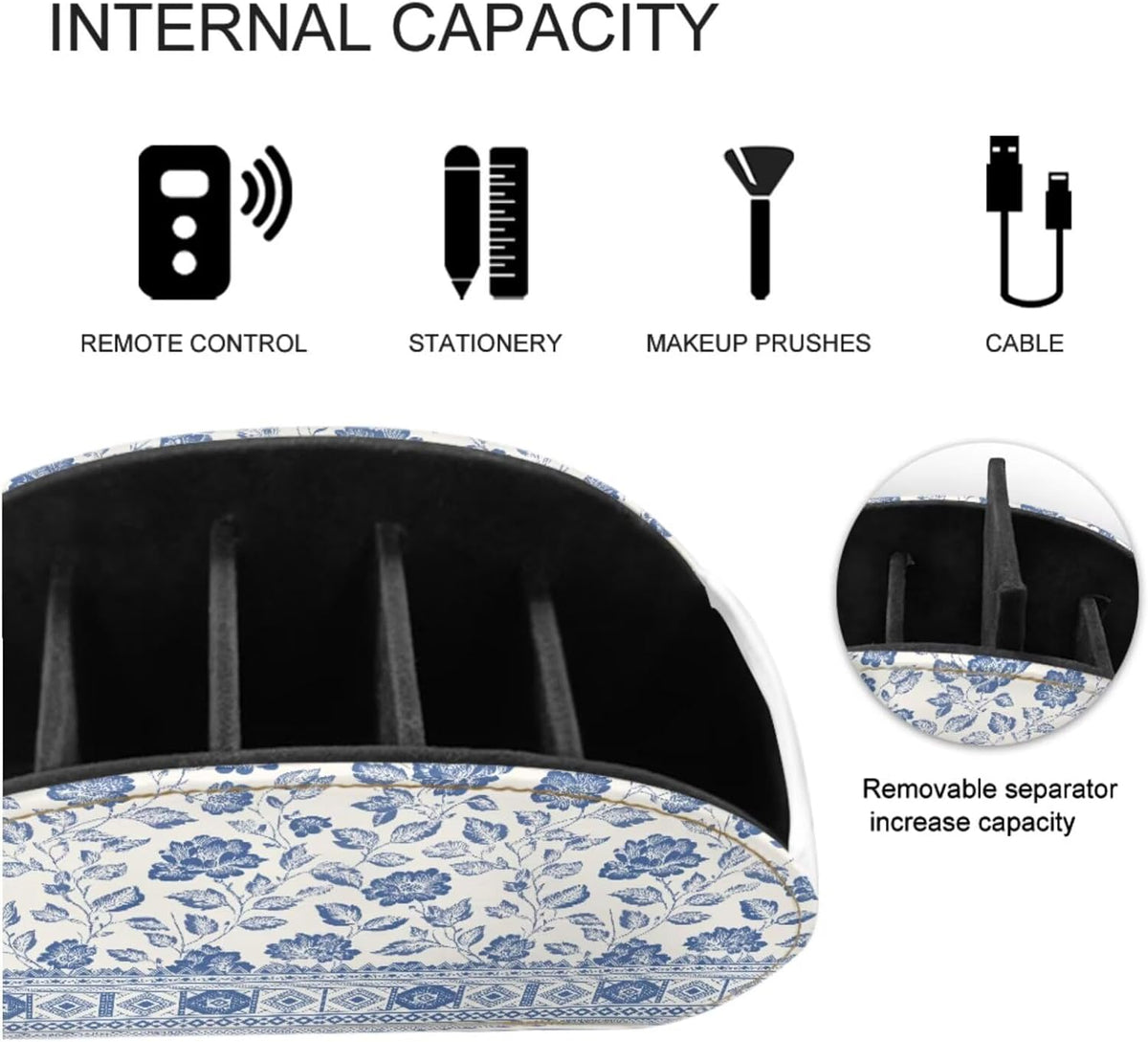 Blue and White Flower Office Desk Organizers with 5 Compartments, Remote Control Holder Desktop/TV Stand/Nightstand Remote Caddy,for Glasses/Cosmetic Brushs/Pens