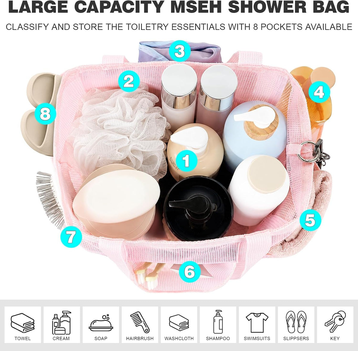 Mesh Shower Caddy Portable with Zipper for College Dorm Essentials Pink