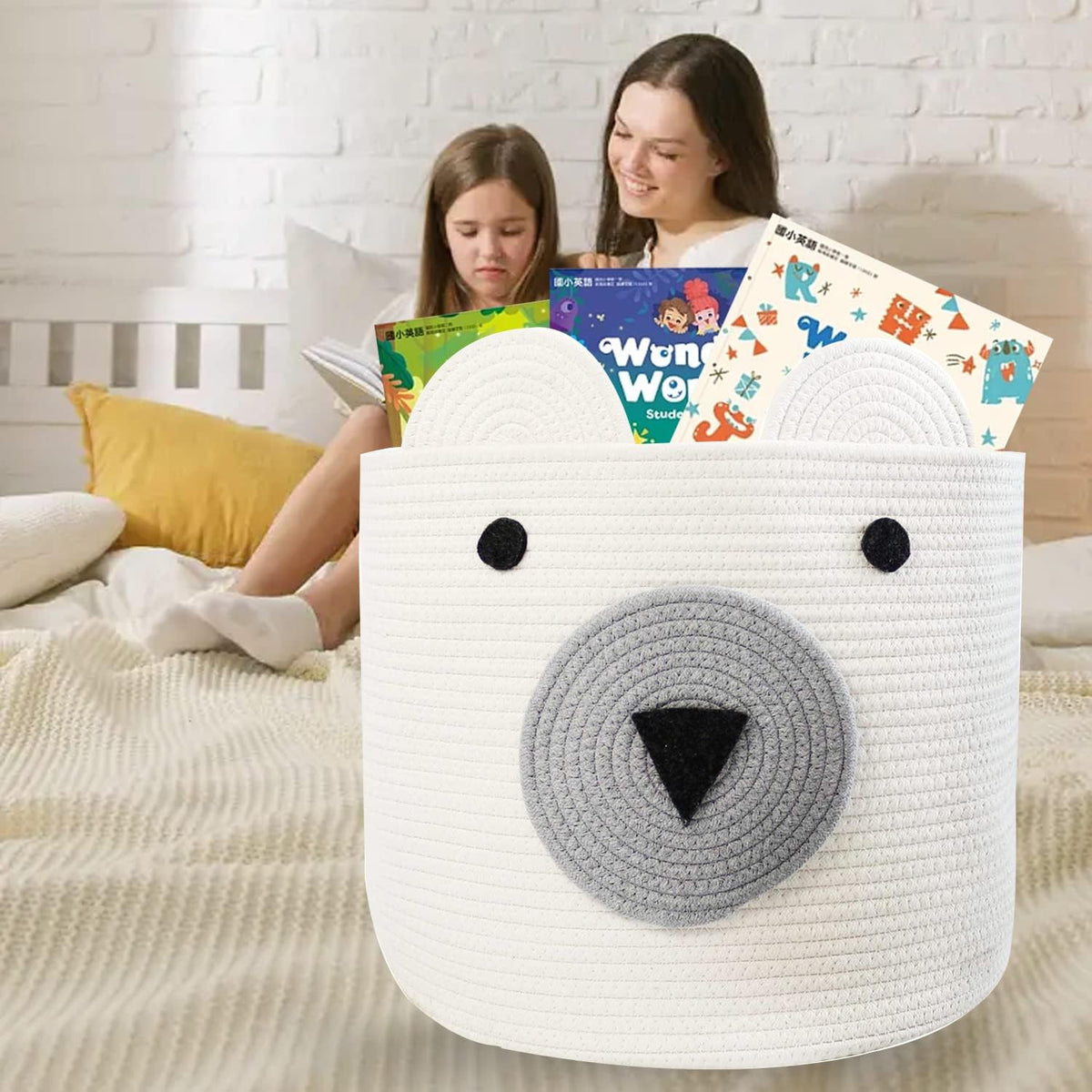 Foldable Woven Laundry Basket with Cute Bear Design - Large Capacity Decorative Organizer for Toys, Blanket, Towels, Clothes - White (16D x 14H inch)