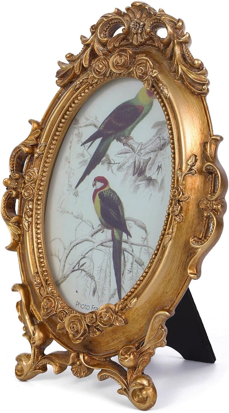 SIKOO Vintage Ornate 4x6 Gold Picture Frame Oval Antique TableTop Wall Mounting Photo Frame with High Definition Glass Front for Home Decor, Old-Fashioned Photo Gallery, Art,Gold