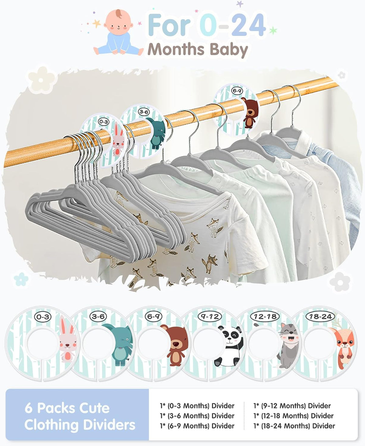 VIS'V Velvet Baby Hangers with 6 Pcs Size Dividers, 11 Inch, Gray, 30 Pcs