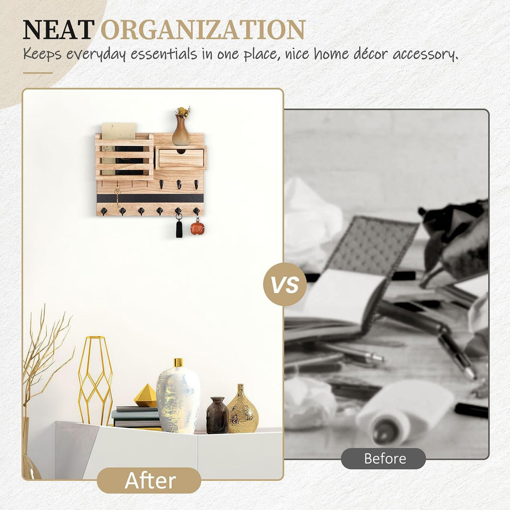 Nekon Key Holder Wall Mount with Drawer, 14.5" Mail Holder, Wood