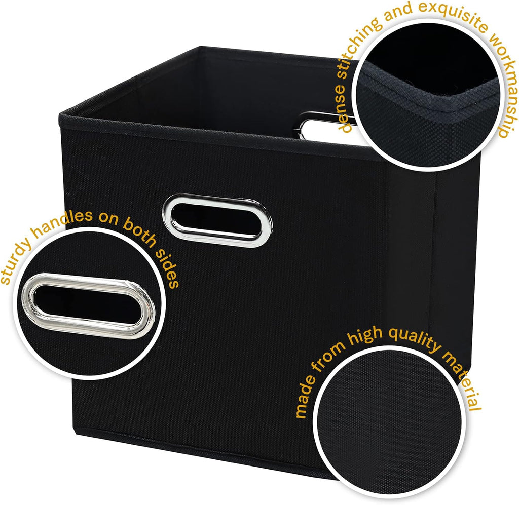 11 Inch Foldable Storage Bins ,Black Fabric Cubes Organizer Baskets with Handle for Closet or Collapsible Box, 11x11x11 Set of 2 (Black )
