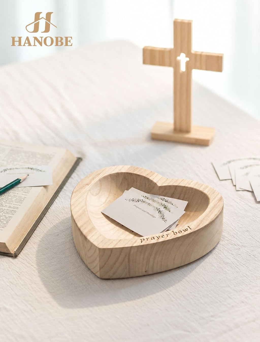 Hanobe Wooden Heart-Shaped Prayer Bowl with Cross Engraved & 25 Cards Sets