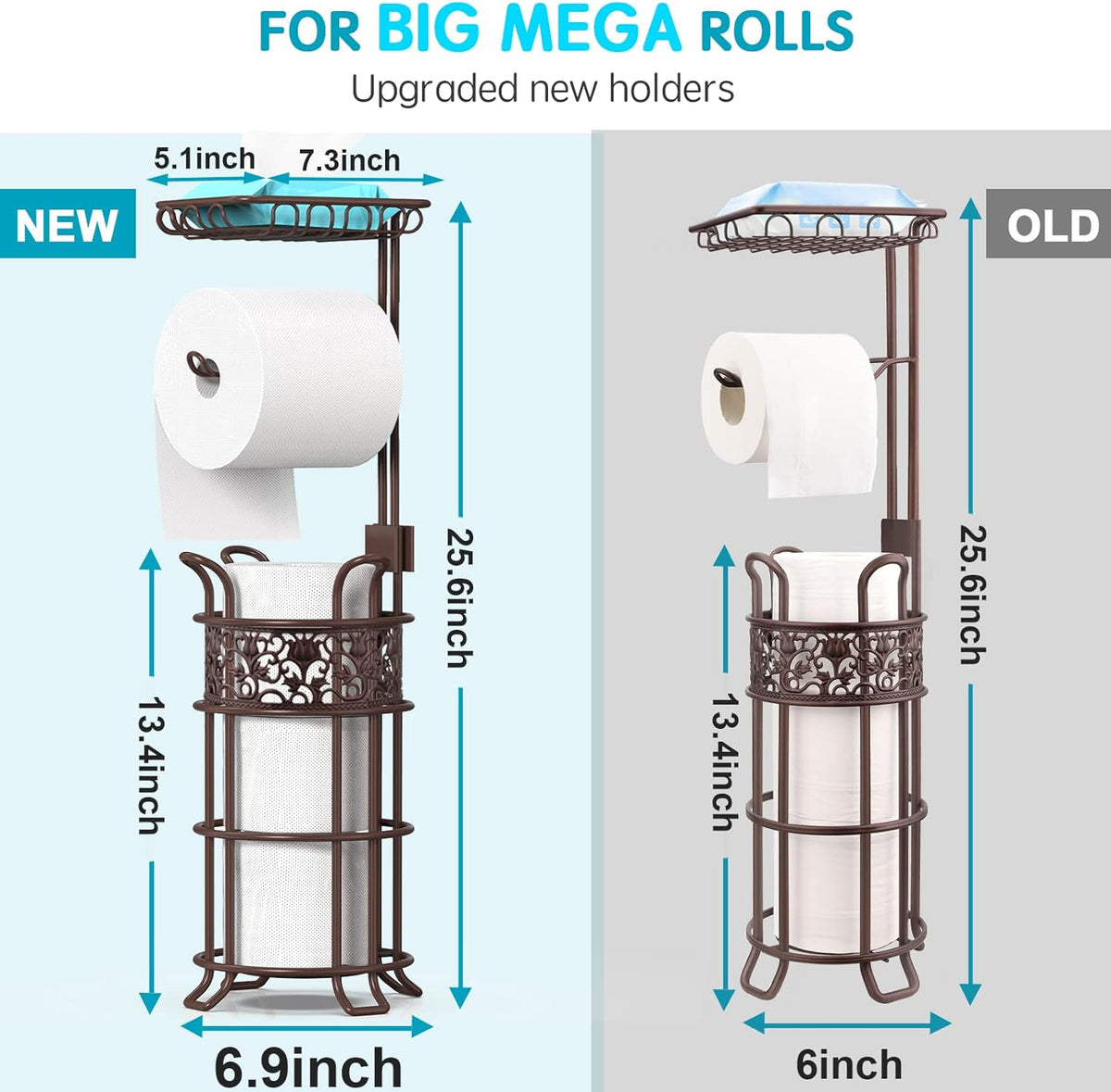 Upgraded Toilet Paper Holder Stand for Bathroom, Holds 3 Big Rolls of Jumbo Mega Paper, Top Shelf for Wipes Tissue, Sturdy Freestanding Paper Roll Dispenser, Floral Pattern, Brown Red
