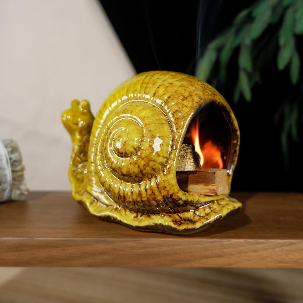 MOUGIGI Handcrafted Yellow Ceramic Snail Palo Santo Holder Mini Fireplace