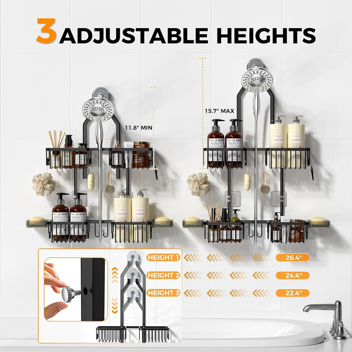 Adjustable Aluminum Shower Caddy Hanging for Handheld Showerhead, Black