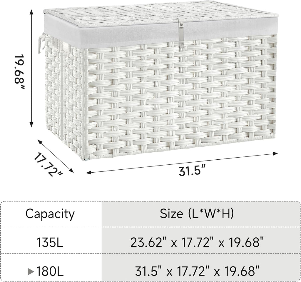 180L Wicker Storage Basket with Lid, Handwoven Rattan Large Shelf Basket with Removable Liner, 47.6 Gallon Wicker Basket for Blanket, Storage Trunk with Handle for Closet, Bedroom, Livingroom, White
