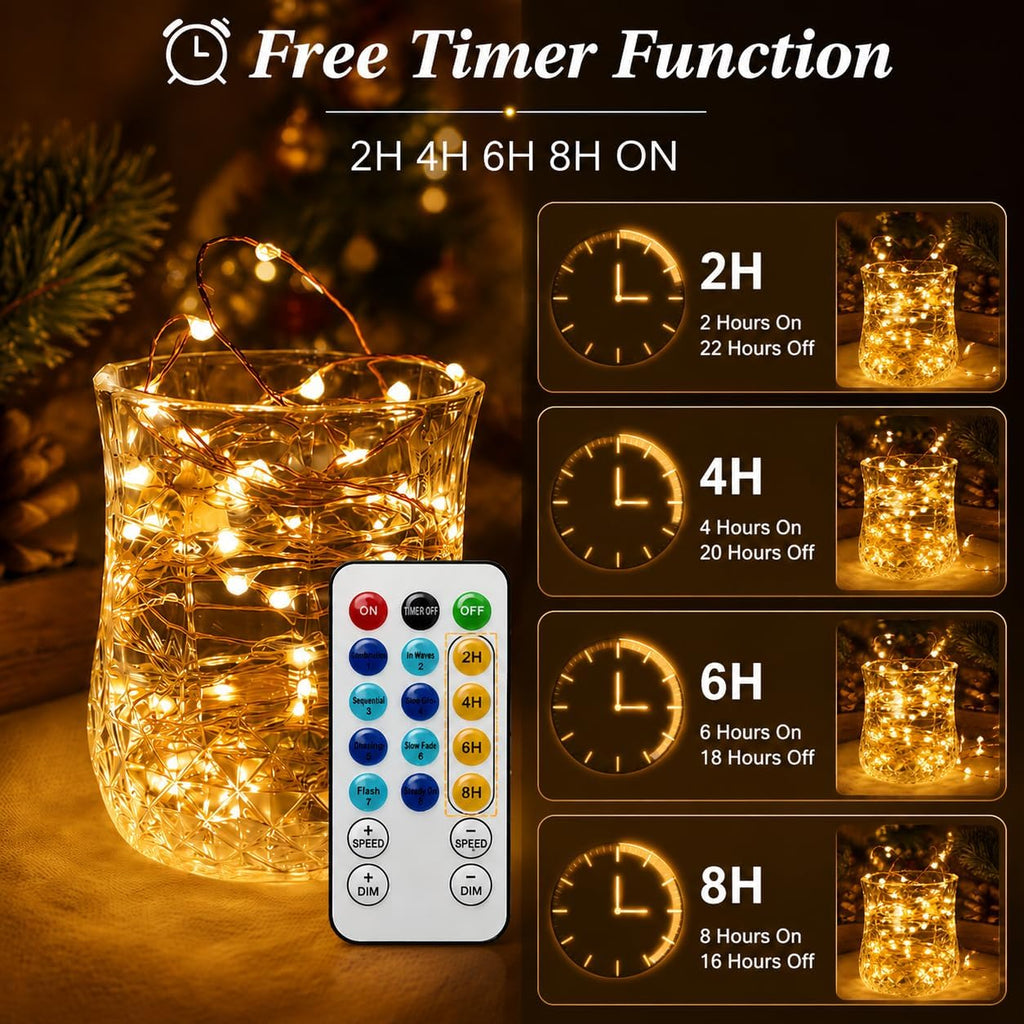 2PACK Battery Operated Fairy Lights for Bedroom: 8 Modes 16.4FT 50 LED String Lights with Timer and Remote - Mini Twinkle Light for Indoor Outdoor - Silver Wire Christmas Light for Party Wedding Room