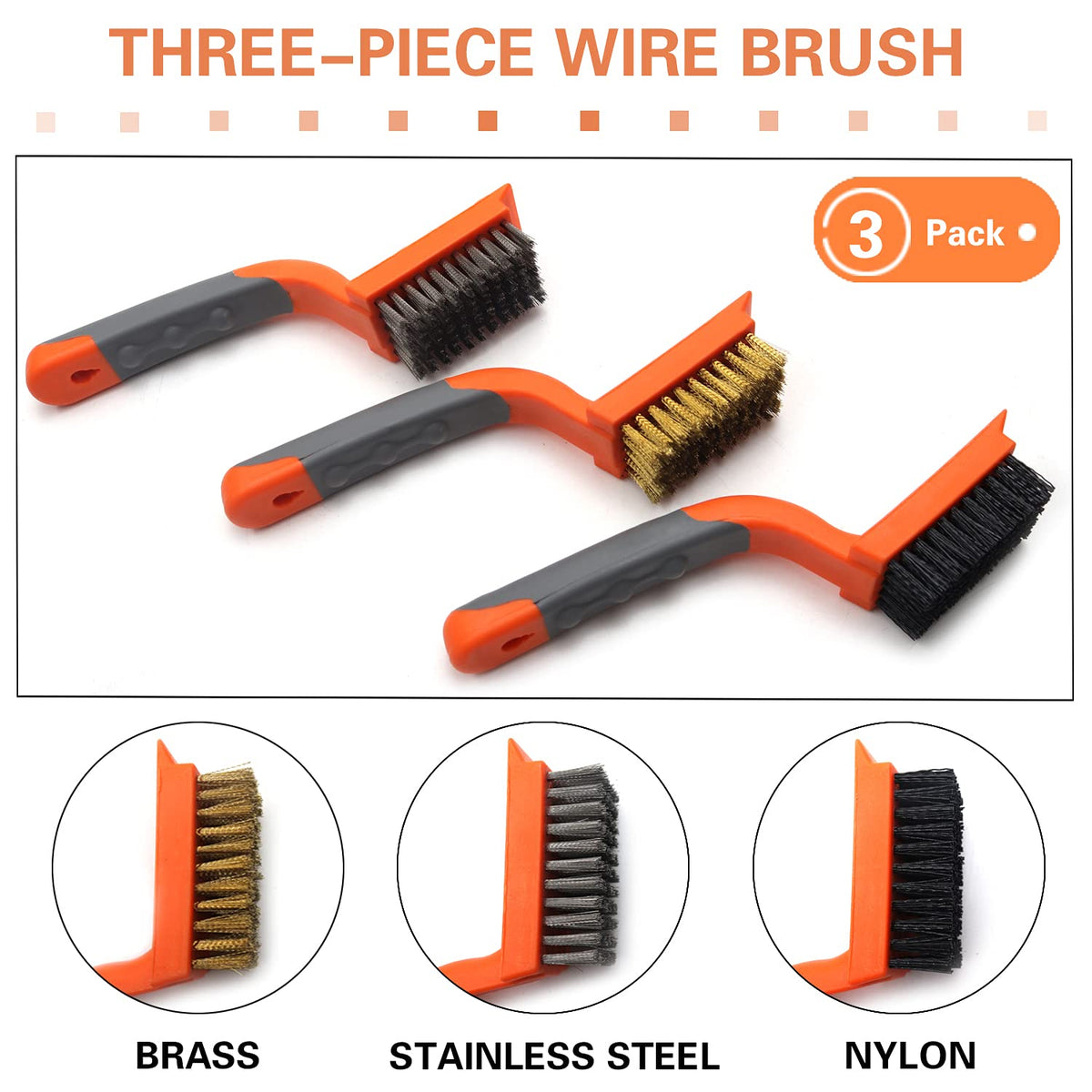 MAXMAN Wire Brush Set 3Pcs, Brass/Steel/Nylon Bristles, Rust &Paint Remover