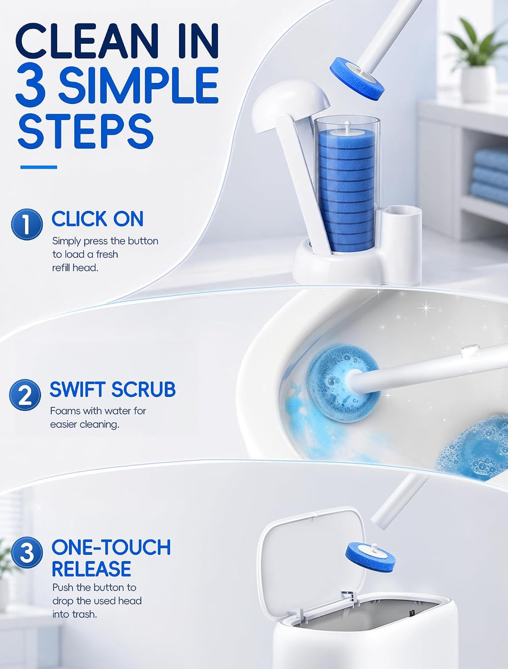 Disposable Toilet Brush System, Toilet Bowl Cleaning Wand with Lift-to-Open Refill Case, Blue Refill Heads and Freestanding Holder, 1 Wand and Holder Set with 35 Blue Refills