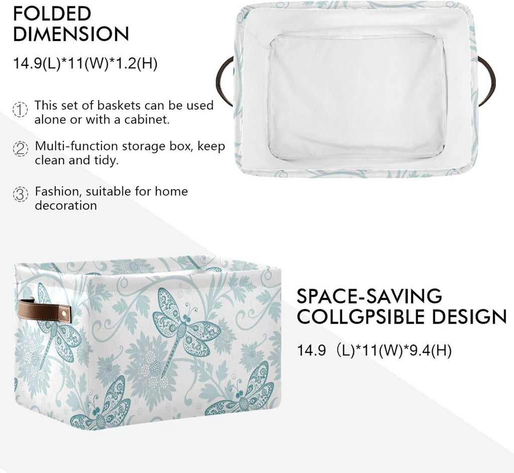 Foldable Storage Baskets Set of 2, Parsley Dragonfly Storage Bins with Handles, Decorative Cloth Organizer Storage Boxes for Home|Office 15 x 11 x 9.5 in