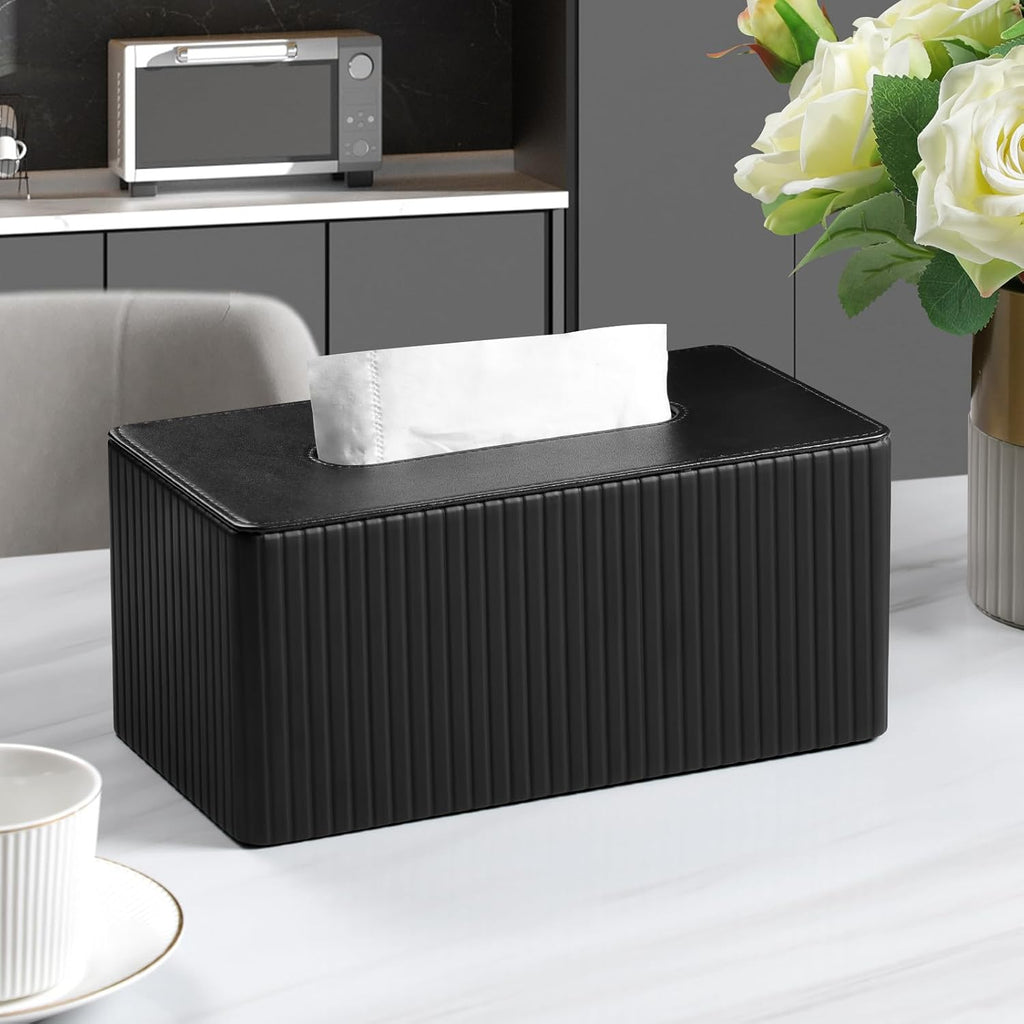 PU Leather Tissue Box Cover Rectangle (Black, Inner Height 3.9")