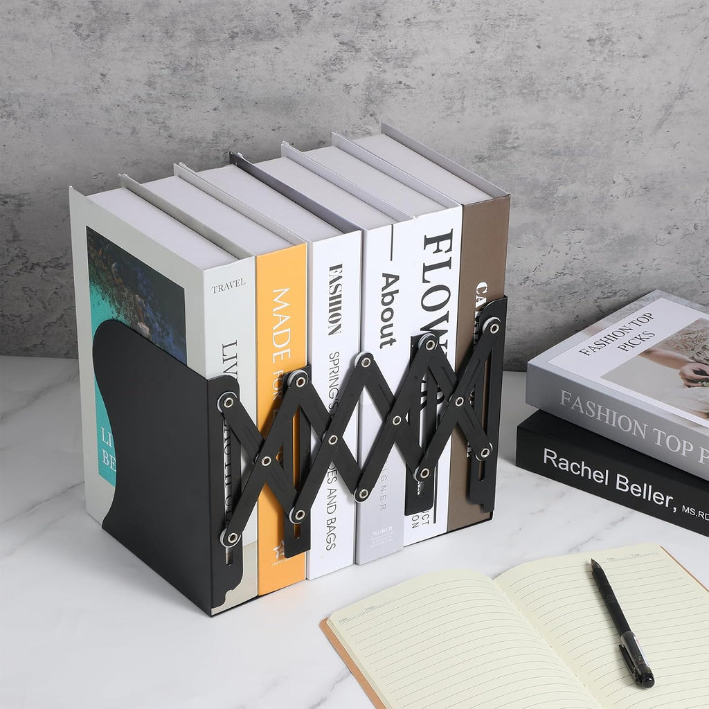 2 Pack Adjustable Bookends for Heavy Books - Expandable Book Ends to Hold Books Heavy Duty, Metal Book Organizer with Anti-Slip Design for Shelves, Desk & Office (Black)