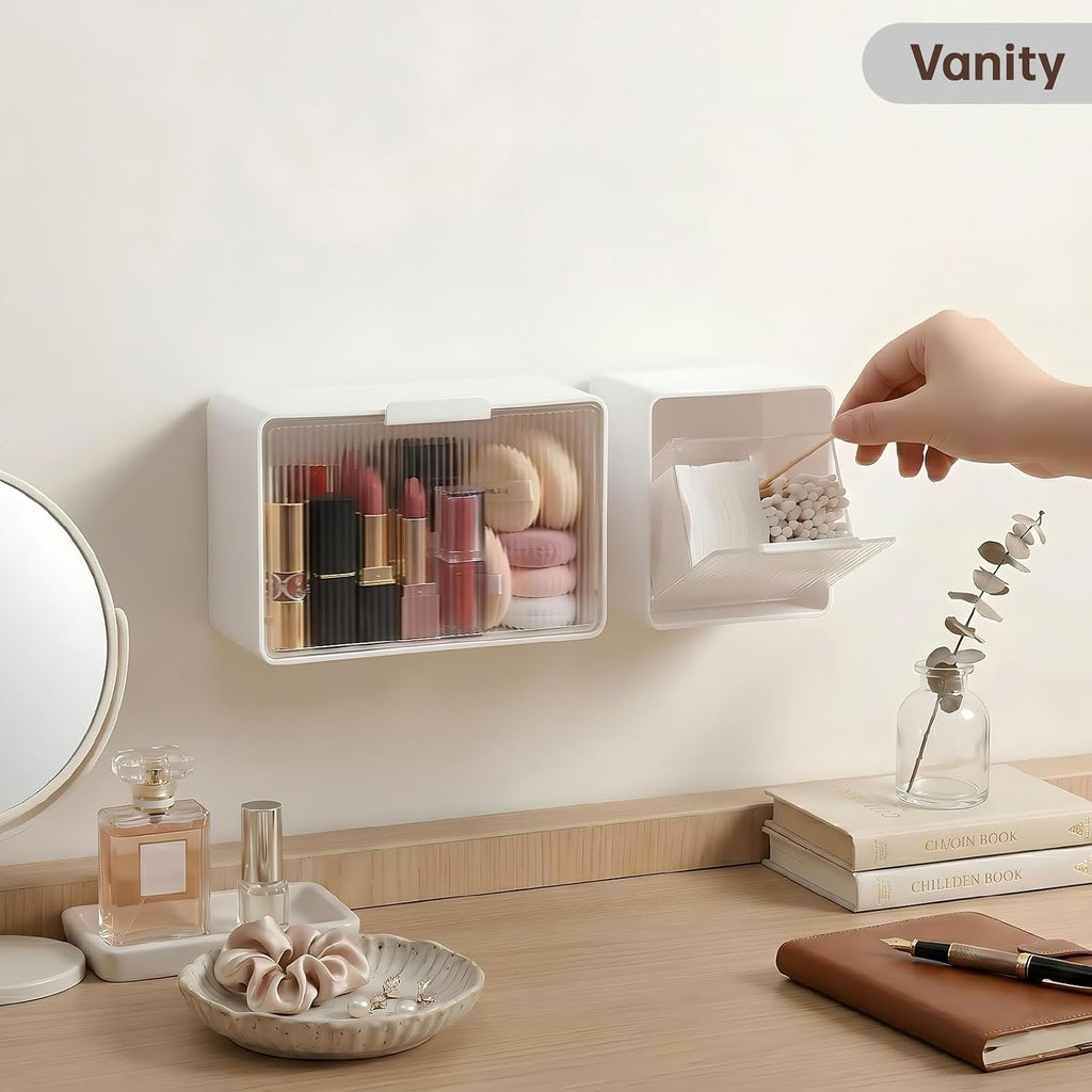 DASITON Wall Mounted Qtip Holder, Cotton Swab Storage Box with Lid, Bathroom Canister Organizer for Cotton Swabs, Balls, Pads, Floss Picks, Waterproof Bathroom Storage Container for Vanity (Grey S)
