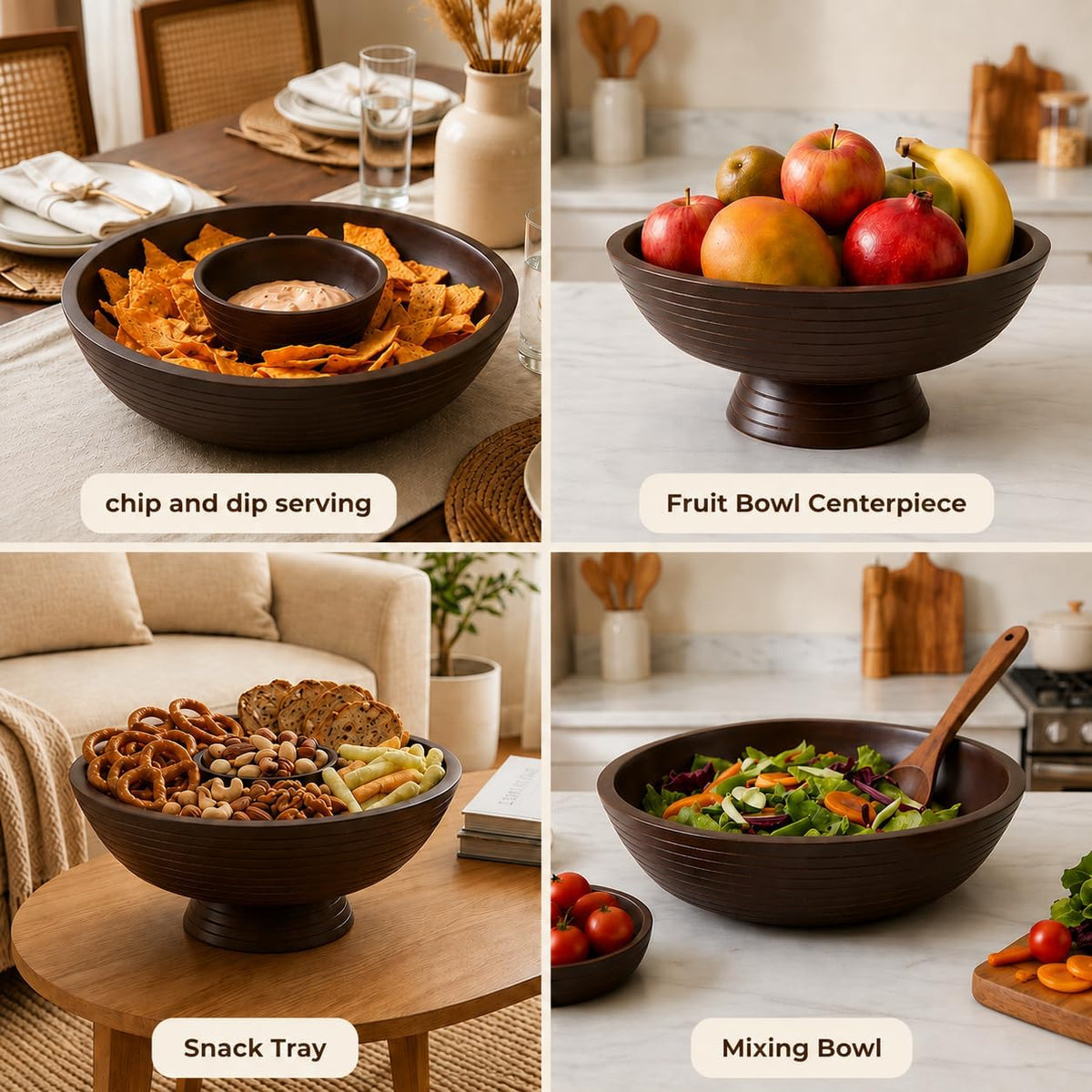 Melvvi Wooden Chip and Dip Bowl, Round Detachable Pedestal, 12" Brown