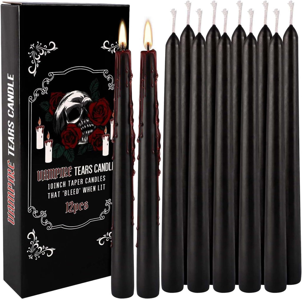 12PCS 10-Inch Black Bleeding Taper Candles,Vampire Tears Taper Candles- Unscented Ideal for Halloween, Christmas, Rituals, and Themed Party Decor