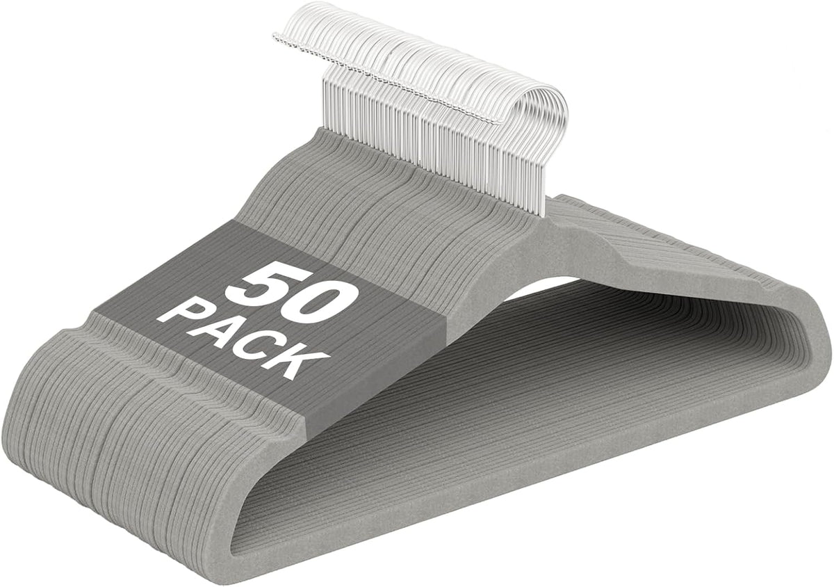 Velvet Felt Hangers 50 Pack, Non Slip, Slim, Space Saving, Gray