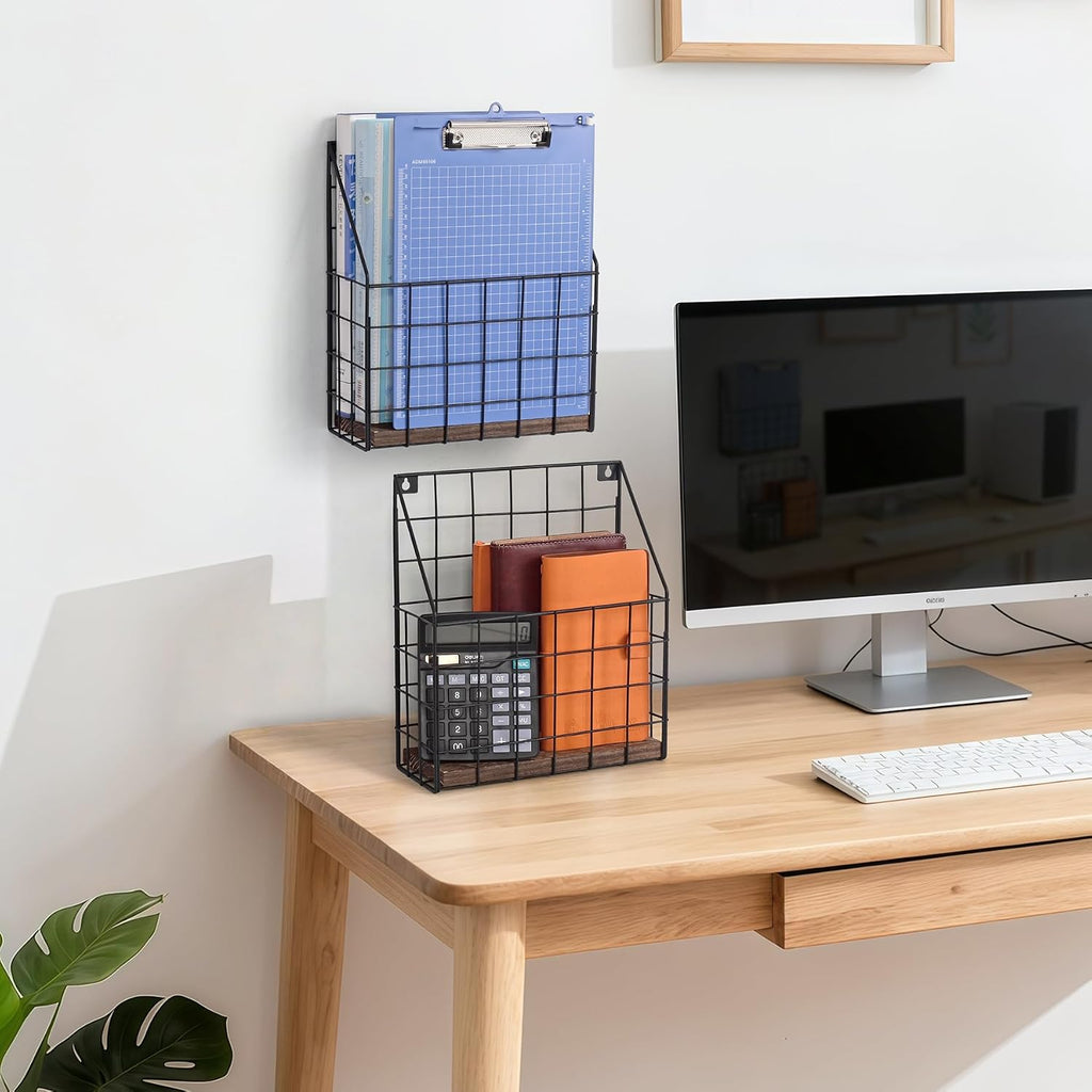Mail Holder Magazine Basket 2Pack Black Wall Mount File Organizer Wood Rack