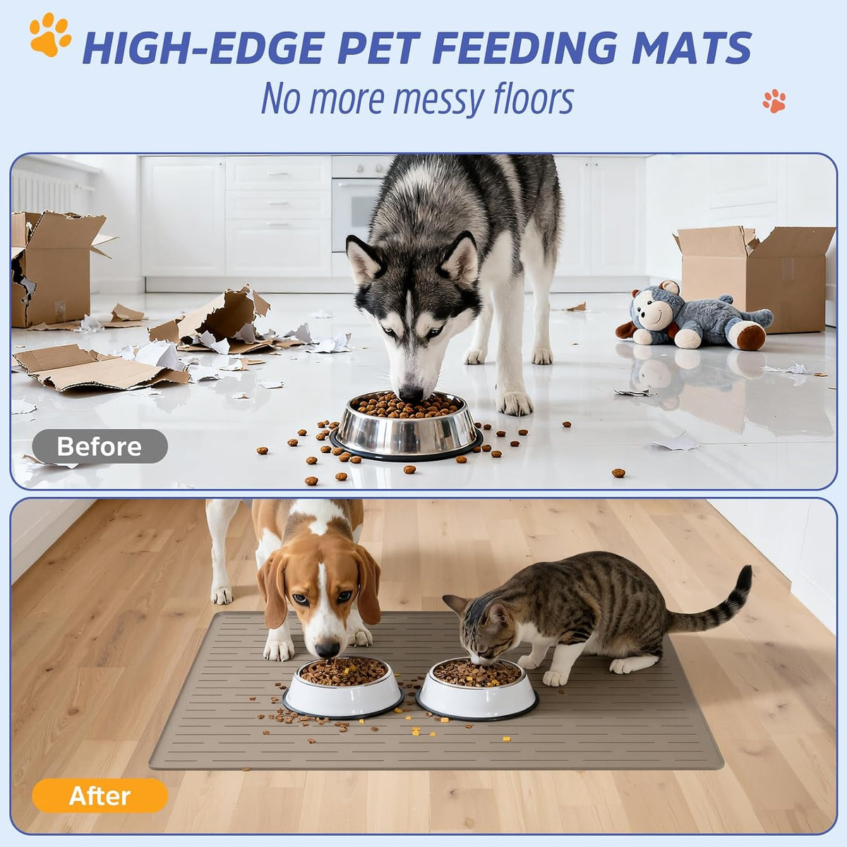 Large Dog Mats for Food and Water, 32"x24" Waterproof Pet Food Mats for Floor Nonslip Silicone Bowl Mats with Raised Edges