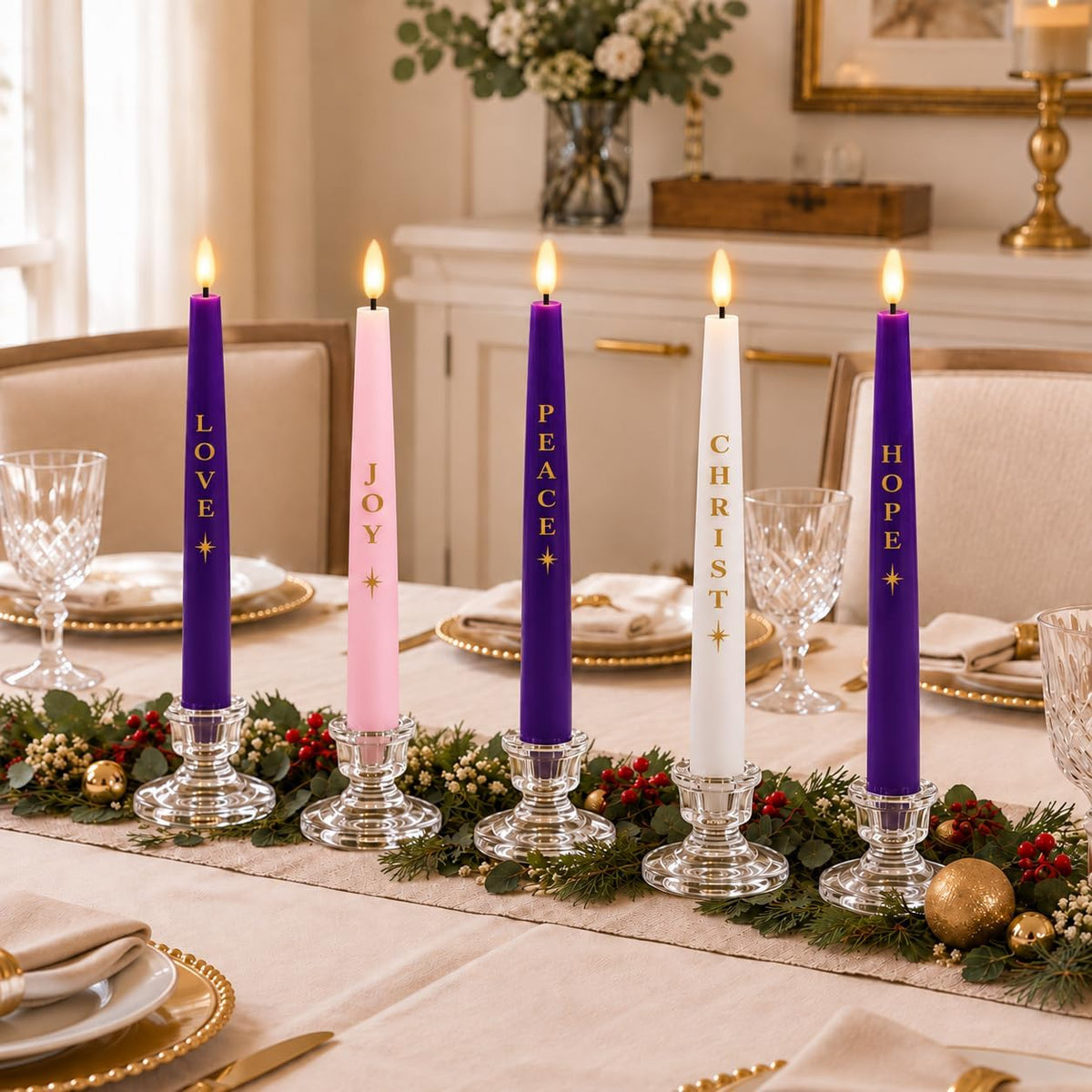Flameless Advent Candles, Christmas Taper Candles Church Christian Decor