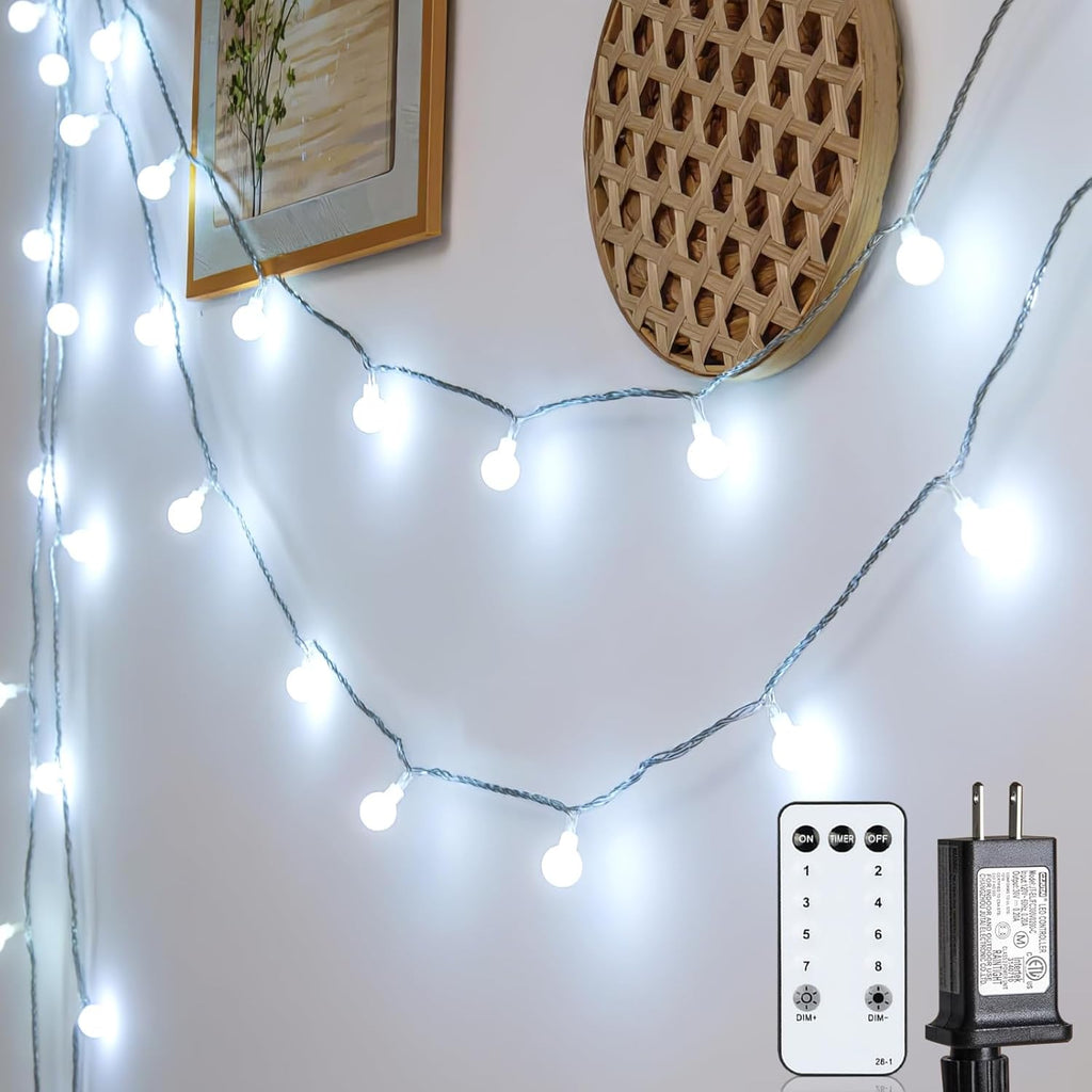 JOLYMOLY Globe String Lights 59 Ft 100 LED Fairy Lights Plug in with Remote Timer, Connectable Small Frosted Globe Christmas Lights for Bedroom Wedding Xmas Tree Indoor Outdoor Decor, Cool White