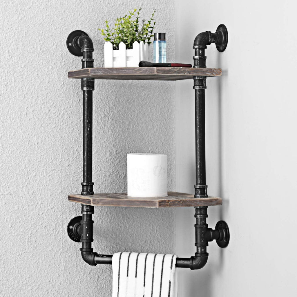 MBQQ Industrial Pipe Shelf,Rustic Corner Shelves with Towel Bar,Bathroom Shelves Wall Mounted,2 Tiered Metal&Real Wood Home Decor Floating Shelves