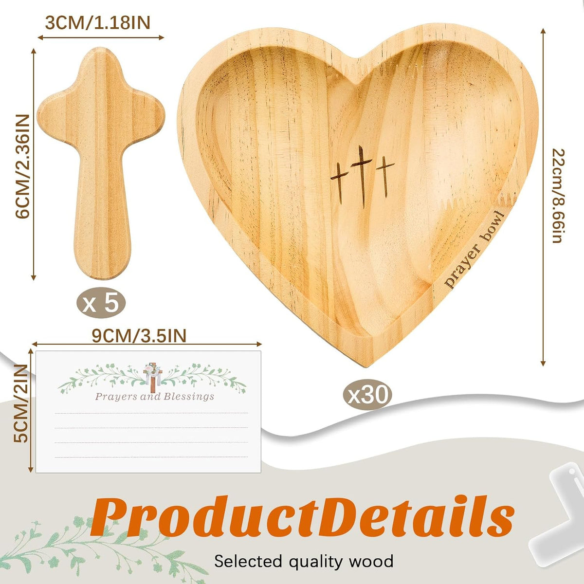 LemonRoad 36 Pcs Prayer Bowl Set Christian Gifts Wooden Prayer Bowl with 5 Wood Hand Held Crosses 30 Printed Cards Religious Gift for Mom Dad Birthday Retirement Home Table Decor(Heart)