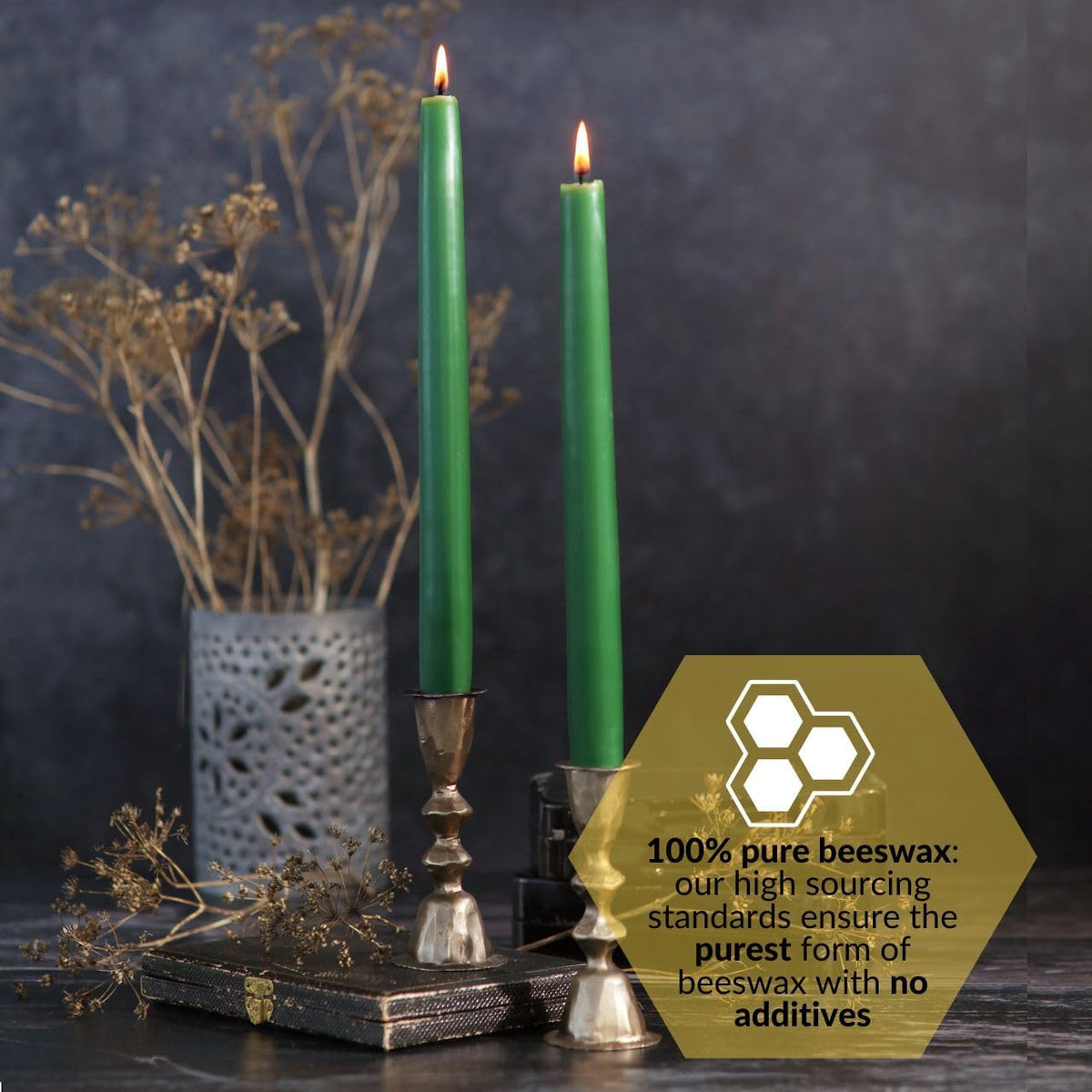 Big Dipper Wax Works 100% Beeswax Taper Candles, 12in, 2 Pack, Forest Green