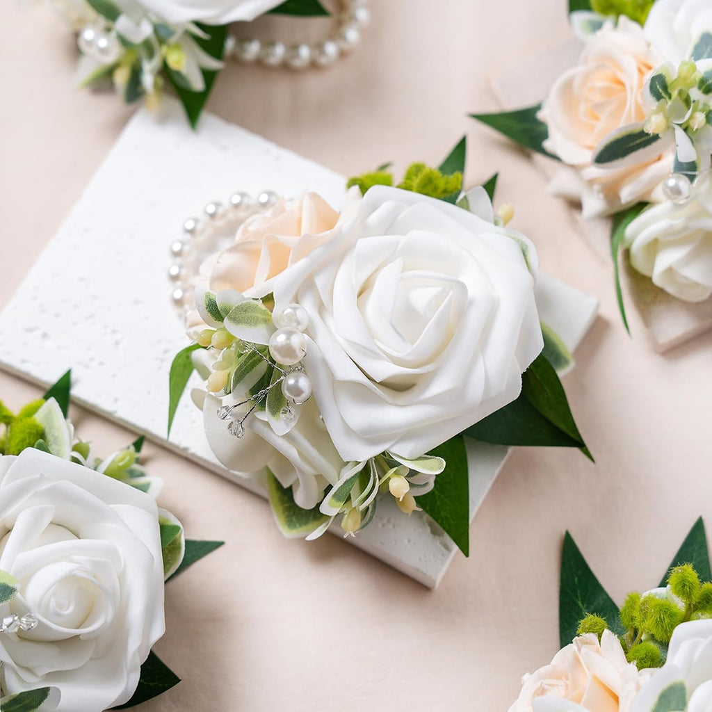 White Wrist Corsages, Set of 6,Faux Flowers for Women Wedding