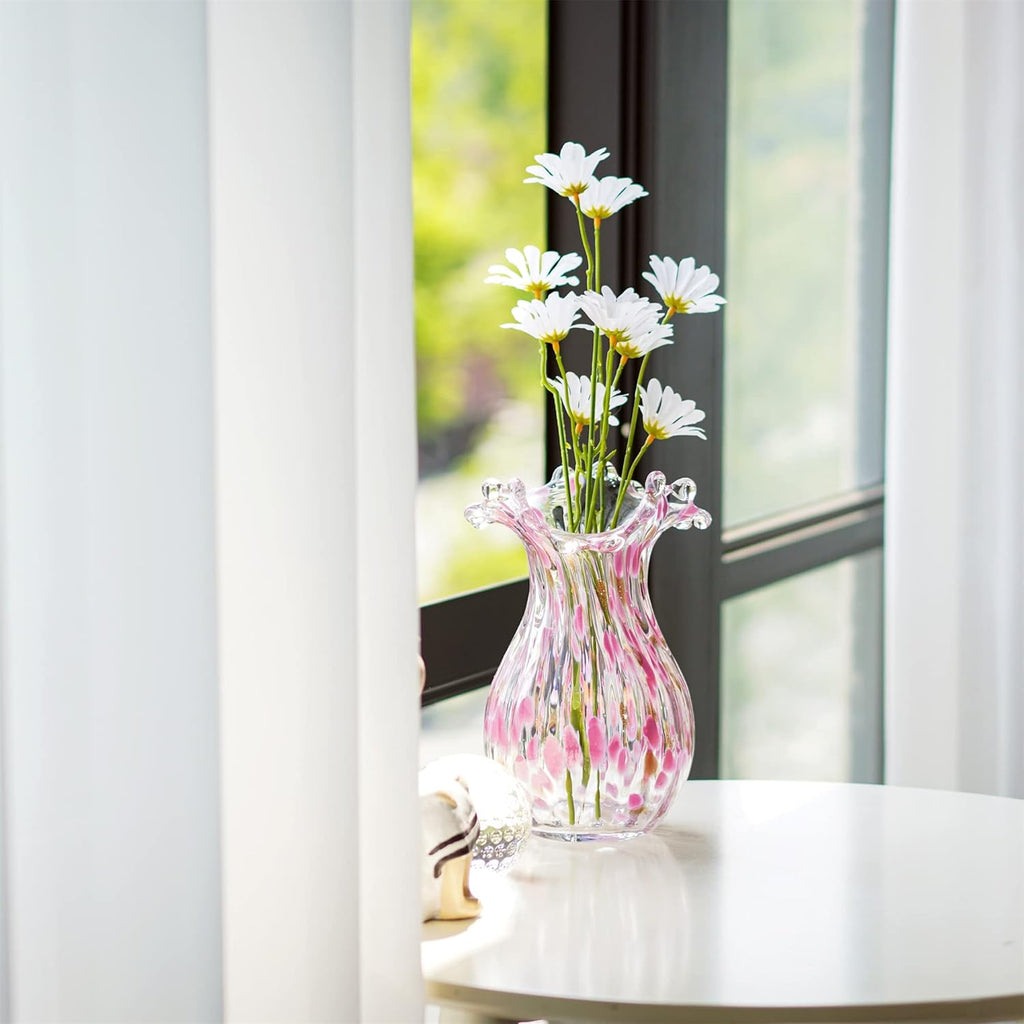 QFkris Hand Blown Glass Vase, Modern Art Flower Vase with Pink Petal Decor