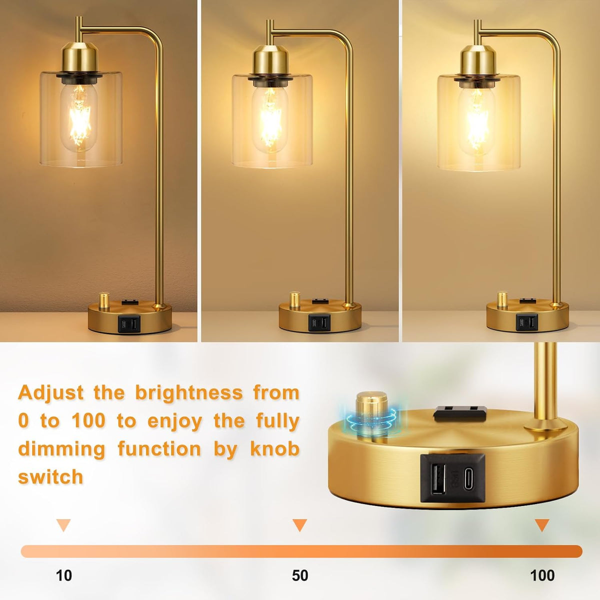 Innqoo Gold Table Lamp for Bedroom - Industrial Bedside Lamp with USB Port and Outlet, Fully Dimmable Nightstand Lamp with Clear Glass Shade, Small Desk Lamps for Home Office