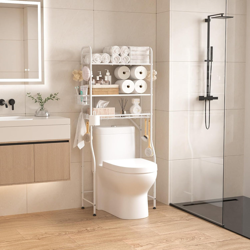 TETOTE Over the Toilet Storage Cabinet, 3-Tier White Bathroom Shelves Over Toilet with Toilet Paper Roll Holder, Freestanding Metal Rack