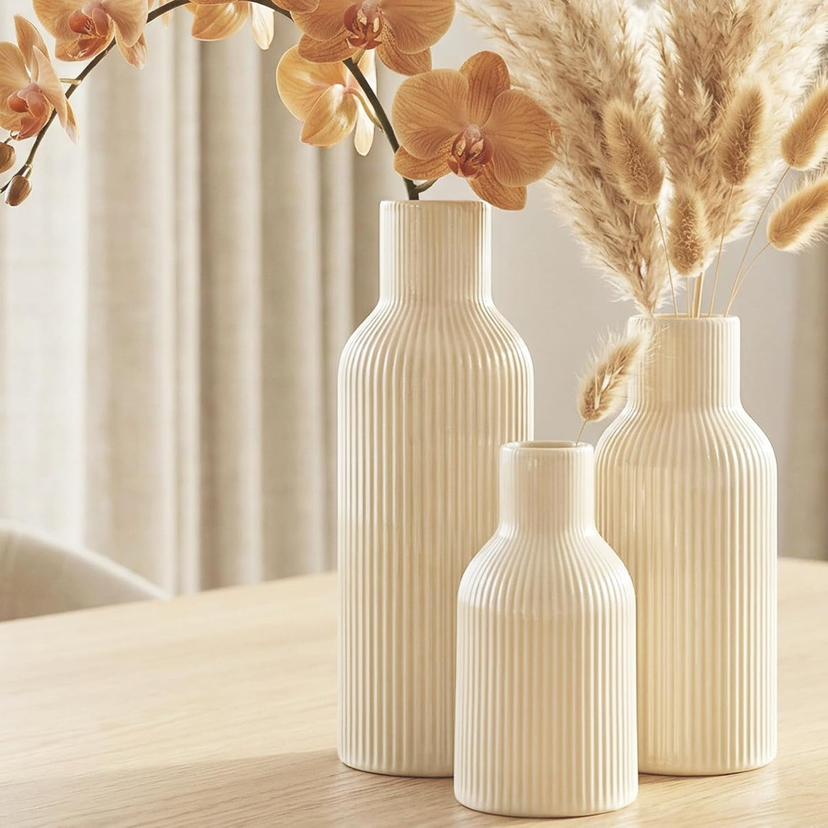 Beige Ceramic Flower Vases Set of 3, Modern Smooth Ribbed Texture, Nordic Minimalist Decor for Pampas, Dried & Fresh Flowers, Centerpiece for Living Room, Shelf, Entryway, Wedding