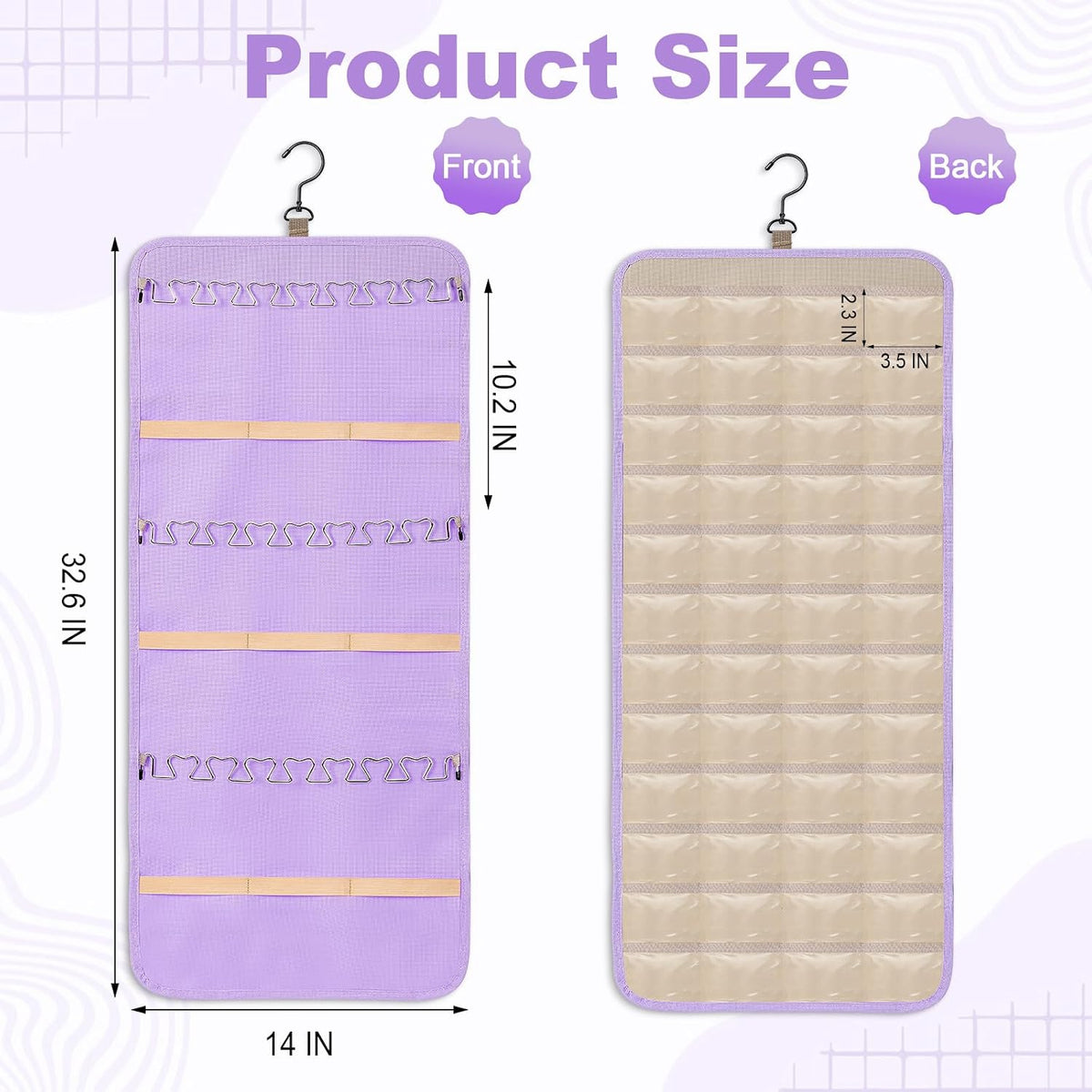 Dynoro Double-Sided Hanging Jewelry Organizer, Lavender Storage Roll for Earrings, Necklaces, Rings, 48 Pockets 21 Hooks, Durable Oxford Fabric for Closet, Wall, Door, 1 piece, Jewelry Not Included