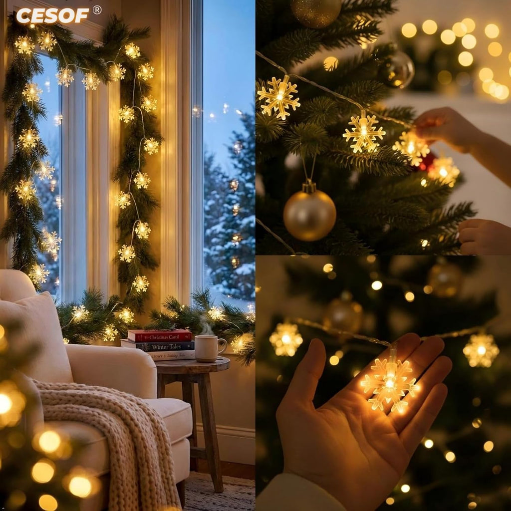 CESOF Christmas Lights, 20 Ft 40 Led Snowflake String Lights Battery Operated Fairy Lights for Bedroom Room Party Home Xmas Decor Indoor Outdoor Tree Decorations Warm White