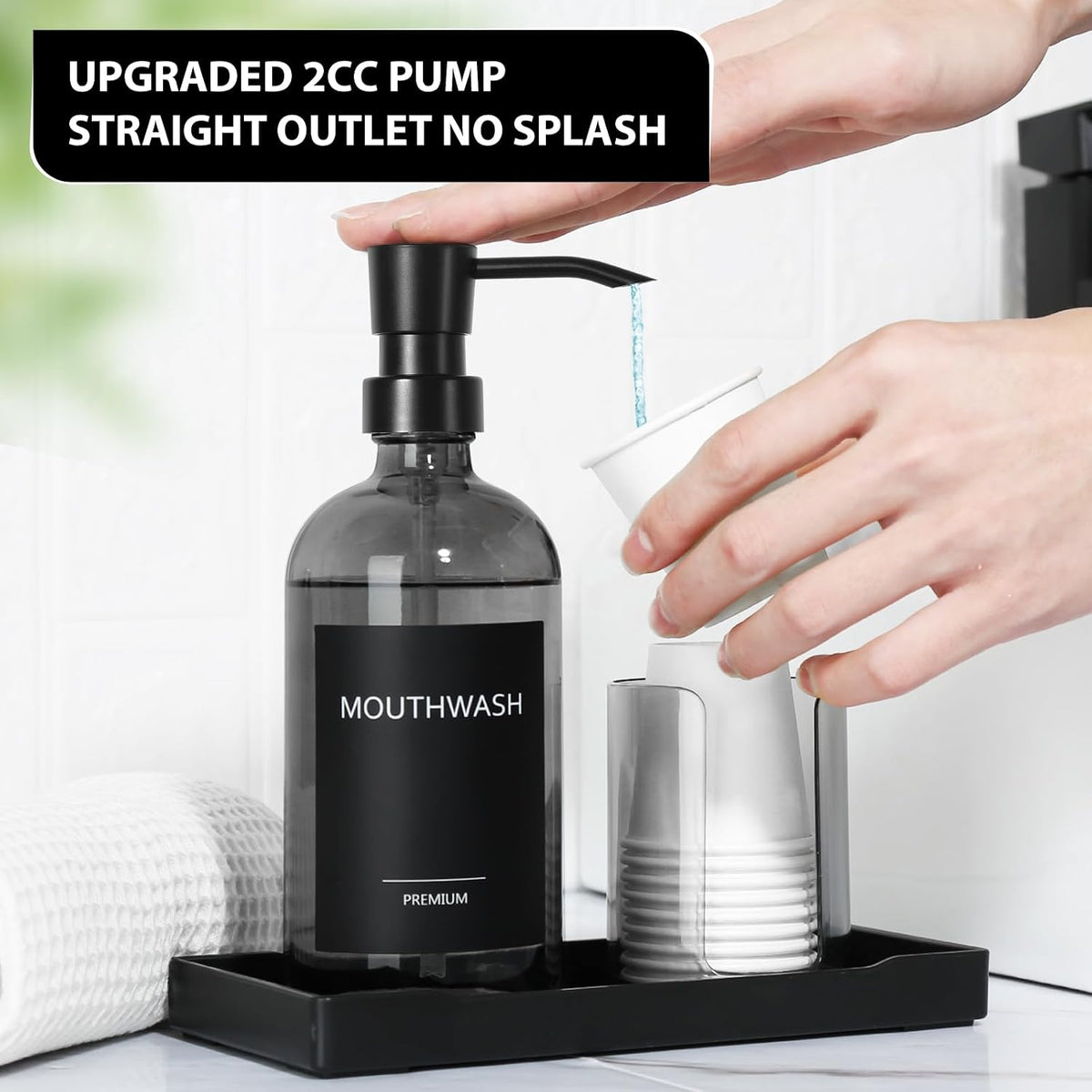 Mouthwash Dispenser for Bathroom, Glass Mouth Wash Pump Dispenser with Cup Holder, 17 Fl Oz Mouthwash Bottle Decanter with Tray, Refillable Mouthwash Dispenser Container (Clear Black)