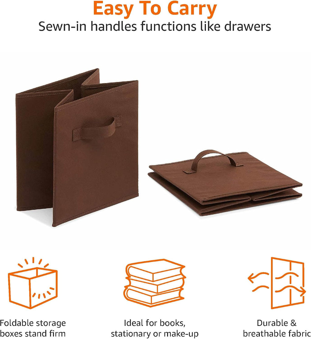 Amazon Basics Collapsible Fabric Storage Bins with Handles, Cube Organizer, Lightweight Fabric, 10.5"x10.5"x11", Brown, 6-Pack